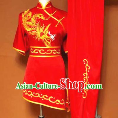 Chinese Tai Chi Embroidered Phoenix Red Garment Outfits Traditional Kung Fu Martial Arts Training Costumes for Women