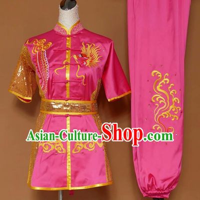 Chinese Tai Chi Changquan Embroidered Dragon Rosy Garment Outfits Traditional Kung Fu Martial Arts Costumes for Adult