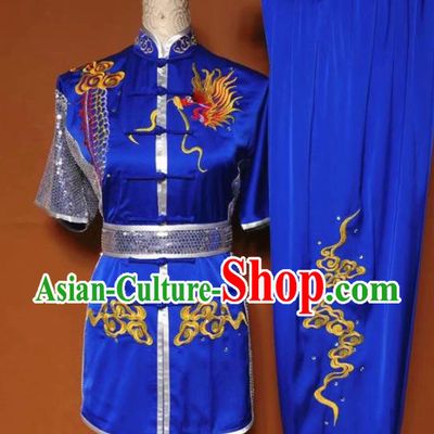Chinese Tai Chi Changquan Embroidered Dragon Royalblue Garment Outfits Traditional Kung Fu Martial Arts Costumes for Adult