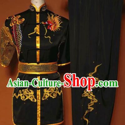 Chinese Tai Chi Changquan Embroidered Dragon Black Garment Outfits Traditional Kung Fu Martial Arts Costumes for Adult