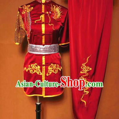 Chinese Tai Chi Changquan Embroidered Dragon Purplish Red Garment Outfits Traditional Kung Fu Martial Arts Costumes for Adult