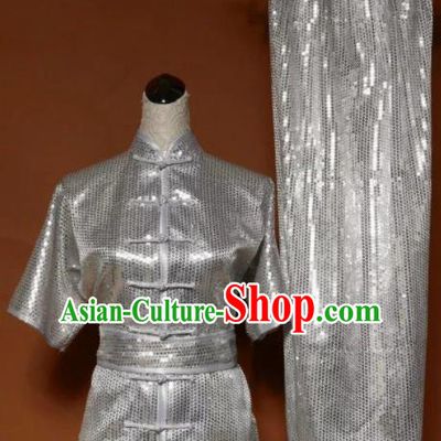 Chinese Tai Chi Changquan Argent Sequins Garment Outfits Traditional Kung Fu Martial Arts Costumes for Adult