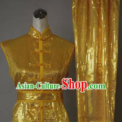 Chinese Tai Chi Changquan Golden Sequins Garment Outfits Traditional Kung Fu Martial Arts Costumes for Adult