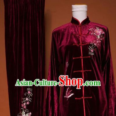 Chinese Tai Chi Embroidered Peony Butterfly Purplish Red Velvet Garment Outfits Traditional Kung Fu Martial Arts Training Costumes for Adult