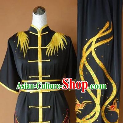 Chinese Tai Chi Changquan Embroidered Phoenix Black Garment Outfits Traditional Kung Fu Martial Arts Costumes for Adult