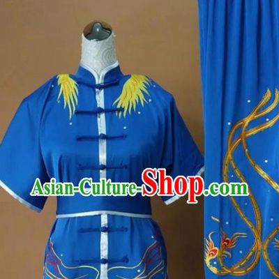 Chinese Tai Chi Changquan Embroidered Phoenix Royalblue Garment Outfits Traditional Kung Fu Martial Arts Costumes for Adult