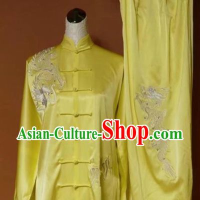 Chinese Tai Chi Changquan Embroidered Dragon Yellow Garment Outfits Traditional Kung Fu Martial Arts Costumes for Adult