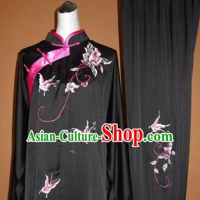 Chinese Tai Chi Embroidered Butterfly Peony Black Garment Outfits Traditional Kung Fu Martial Arts Training Costumes for Women