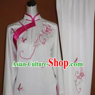 Chinese Tai Chi Embroidered Pink Butterfly Peony Garment Outfits Traditional Kung Fu Martial Arts Training Costumes for Women
