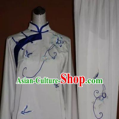 Chinese Tai Chi Embroidered Blue Butterfly Peony Garment Outfits Traditional Kung Fu Martial Arts Training Costumes for Women