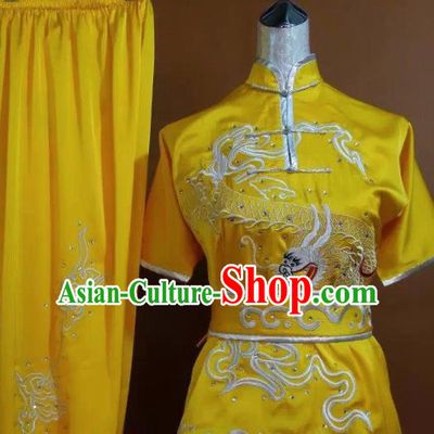 Chinese Martial Arts Changquan Embroidered Dragon Yellow Garment Outfits Traditional Tai Chi Kung Fu Costumes for Adult