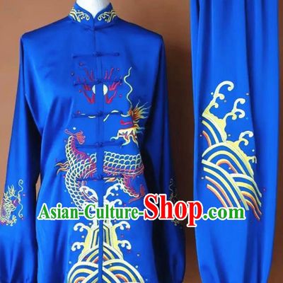 Chinese Martial Arts Changquan Embroidered Royalblue Silk Garment Outfits Traditional Tai Chi Kung Fu Costumes for Adult