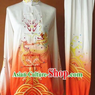 Chinese Martial Arts Changquan Embroidered Orange Silk Garment Outfits Traditional Tai Chi Kung Fu Costumes for Adult