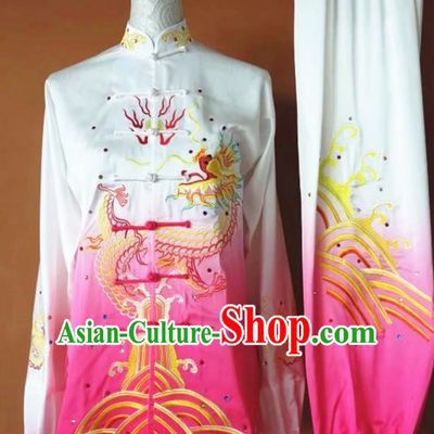 Chinese Martial Arts Changquan Embroidered Pink Silk Garment Outfits Traditional Tai Chi Kung Fu Costumes for Adult