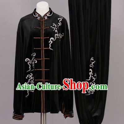 Chinese Tai Chi Black Velvet Garment Outfits Traditional Kung Fu Martial Arts Training Costumes for Adult