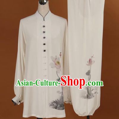 Chinese Tai Chi Printing Lotus Garment Outfits Traditional Kung Fu Martial Arts Training Costumes for Adult