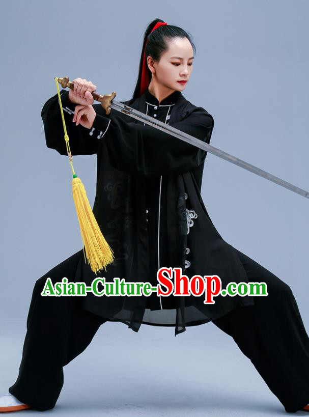 Chinese Traditional Kung Fu Black Chiffon Outfit Martial Arts Competition Costumes for Women Chinese Traditional Kung Fu Black Chiffon Outfit Martial Arts Competition Costumes for Women