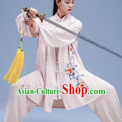 Chinese Traditional Kung Fu Embroidered Peony Beige Outfits Martial Arts Competition Costumes for Women