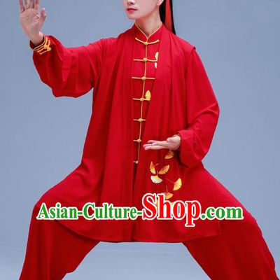 Chinese Traditional Kung Fu Embroidered Ginkgo Leaf Red Outfits Martial Arts Competition Costumes for Women