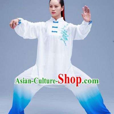 Chinese Traditional Kung Fu Gradient Blue Outfits Martial Arts Competition Costumes for Women