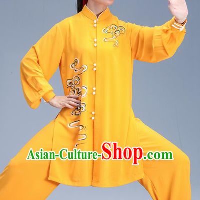 Chinese Traditional Kung Fu Competition Printing Yellow Outfits Martial Arts Stage Show Costumes for Women