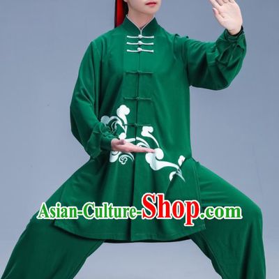 Chinese Traditional Kung Fu Competition Printing Green Outfits Martial Arts Stage Show Costumes for Women
