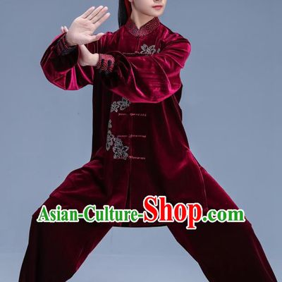Chinese Traditional Kung Fu Competition Wine Red Velvet Outfits Martial Arts Stage Show Costumes for Women