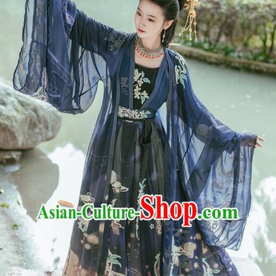 Traditional Chinese Tang Dynasty Imperial Consort Embroidered Navy Hanfu Dress Ancient Empress Costumes for Women