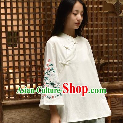 Chinese Tai Chi Embroidered White Flax Blouse Traditional Tang Suit Costume for Women