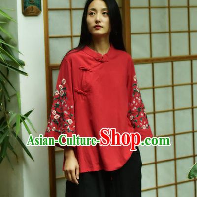 Chinese Tai Chi Embroidered Red Flax Blouse Traditional Tang Suit Costume for Women