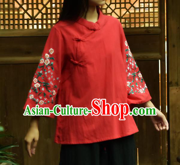 Chinese Tai Chi Embroidered Red Flax Blouse Traditional Tang Suit Costume for Women Chinese Tai Chi Embroidered Red Flax Blouse Traditional Tang Suit Costume for Women