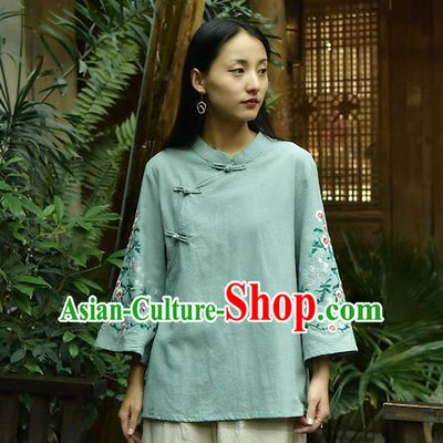 Chinese Tai Chi Embroidered Green Flax Blouse Traditional Tang Suit Costume for Women