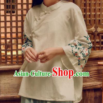 Chinese Tai Chi Embroidered Beige Flax Blouse Traditional Tang Suit Costume for Women