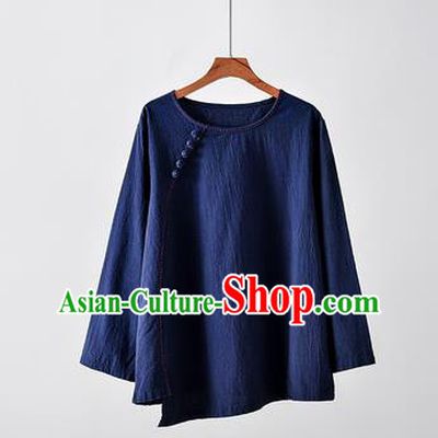 Chinese Tai Chi Navy Flax Slant Opening Blouse Traditional Tang Suit Costume for Women