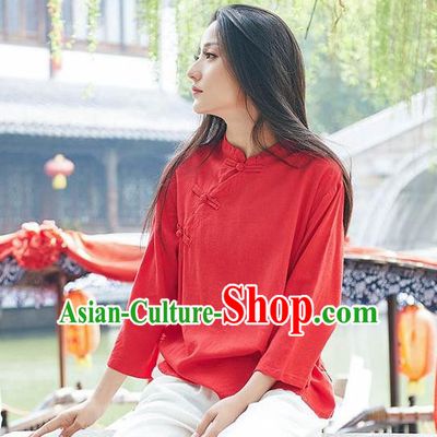 Chinese Tang Suit Red Flax Slant Opening Blouse Traditional Tai Chi Costume for Women