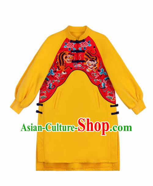 Chinese Traditional Embroidered Tiger Yellow Jacket National Overcoat Costumes for Women Chinese Traditional Embroidered Tiger Yellow Jacket National Overcoat Costumes for Women