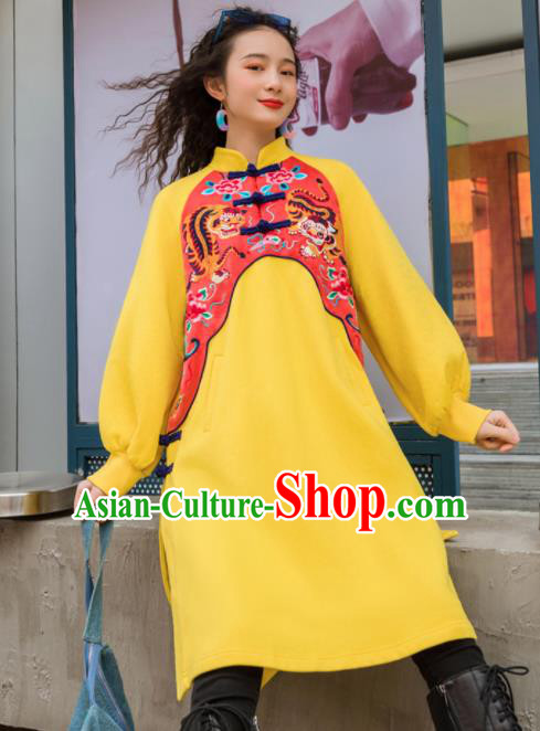 Chinese Traditional Embroidered Tiger Yellow Jacket National Overcoat Costumes for Women Chinese Traditional Embroidered Tiger Yellow Jacket National Overcoat Costumes for Women