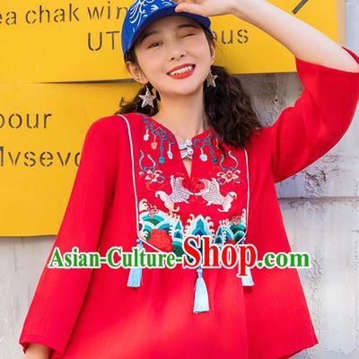 Chinese Embroidered Carps Red Shirt Upper Outer Garment Traditional Tang Suit Costume for Women