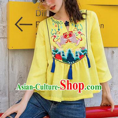 Chinese Embroidered Carps Yellow Shirt Upper Outer Garment Traditional Tang Suit Costume for Women