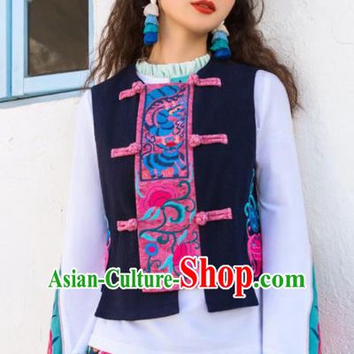 Chinese Embroidered Navy Vest Upper Outer Garment Traditional Tang Suit Waistcoat Costume for Women