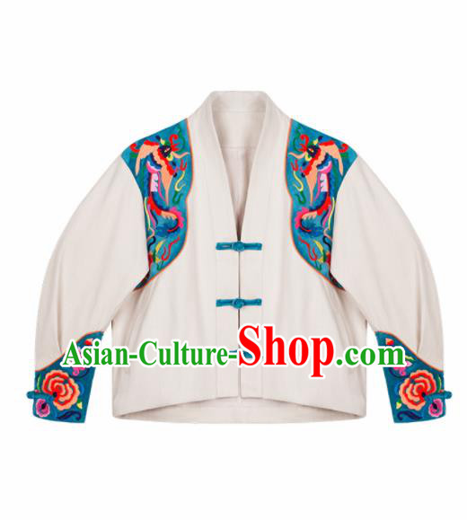 Chinese Traditional Embroidered Peony Beige Jacket National Overcoat Costumes for Women Chinese Traditional Embroidered Peony Beige Jacket National Overcoat Costumes for Women