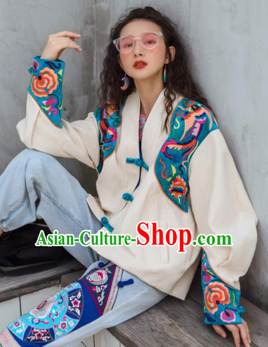 Chinese Traditional Embroidered Peony Beige Jacket National Overcoat Costumes for Women Chinese Traditional Embroidered Peony Beige Jacket National Overcoat Costumes for Women