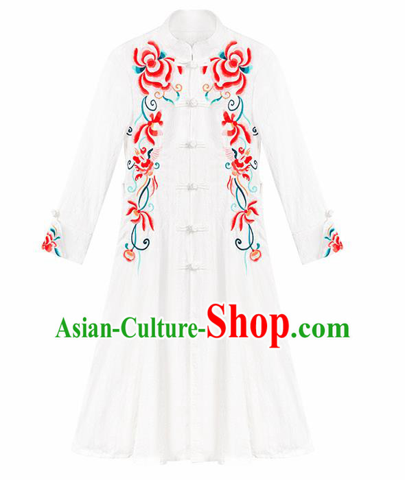 Chinese Traditional Embroidered White Dust Coat National Overcoat Costumes for Women Chinese Traditional Embroidered White Dust Coat National Overcoat Costumes for Women