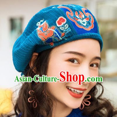 Chinese Traditional Embroidered Blue Corduroy Hat National Beret Hat for Women