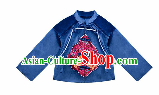 Chinese Traditional Embroidered Fish Blue Cotton Padded Jacket National Overcoat Costumes for Women Chinese Traditional Embroidered Fish Blue Cotton Padded Jacket National Overcoat Costumes for Women