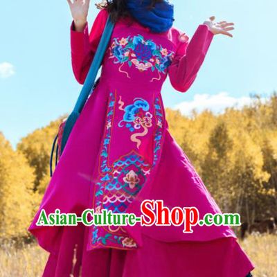 Chinese Traditional Embroidered Rosy Dress National Qipao Cheongsam Costumes for Women