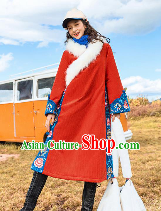 Chinese Traditional Embroidered Red Woolen Dust Coat National Overcoat Costumes for Women Chinese Traditional Embroidered Red Woolen Dust Coat National Overcoat Costumes for Women