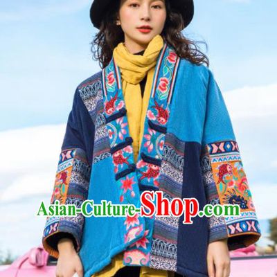 Chinese Traditional Embroidered Blue Cotton Padded Jacket National Overcoat Costumes for Women