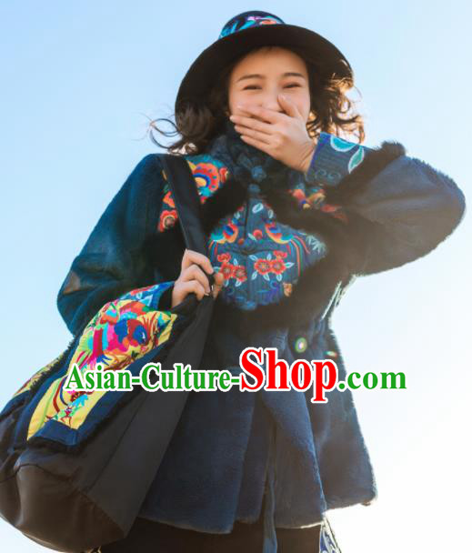 Chinese Traditional Embroidered Blue Imitation Fur Jacket National Overcoat Costumes for Women Chinese Traditional Embroidered Blue Imitation Fur Jacket National Overcoat Costumes for Women