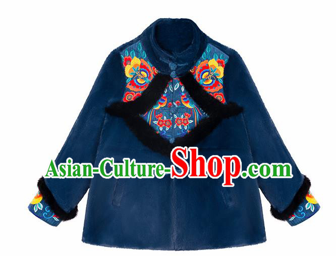 Chinese Traditional Embroidered Blue Imitation Fur Jacket National Overcoat Costumes for Women Chinese Traditional Embroidered Blue Imitation Fur Jacket National Overcoat Costumes for Women